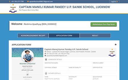 Filled student application form